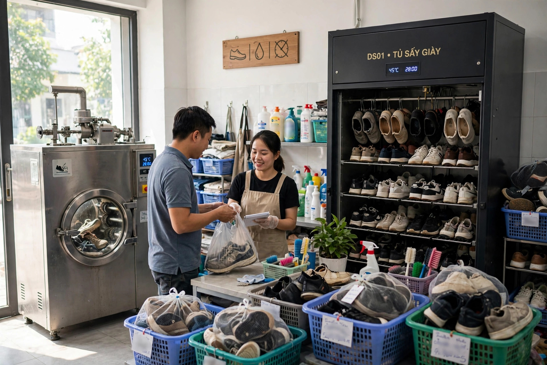 Tiệm giặt là thêm dịch vụ giặt giày bằng máy giặt giày công nghiệp để tăng doanh thu